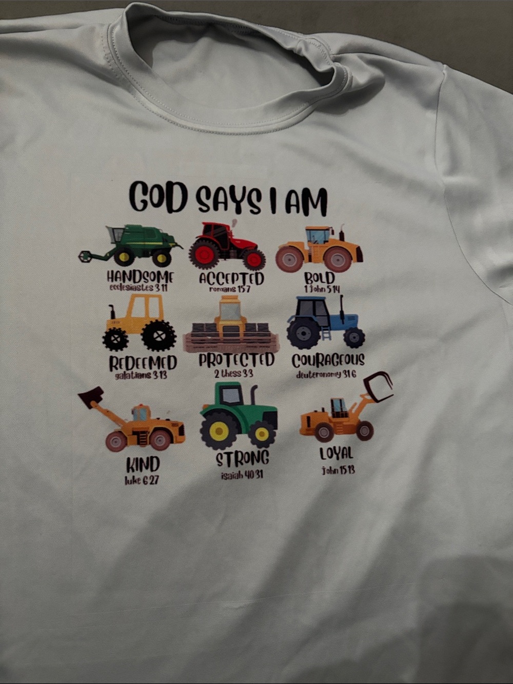Silver Kids Tee with Colorful Tractor Graphic - "God Says I Am"